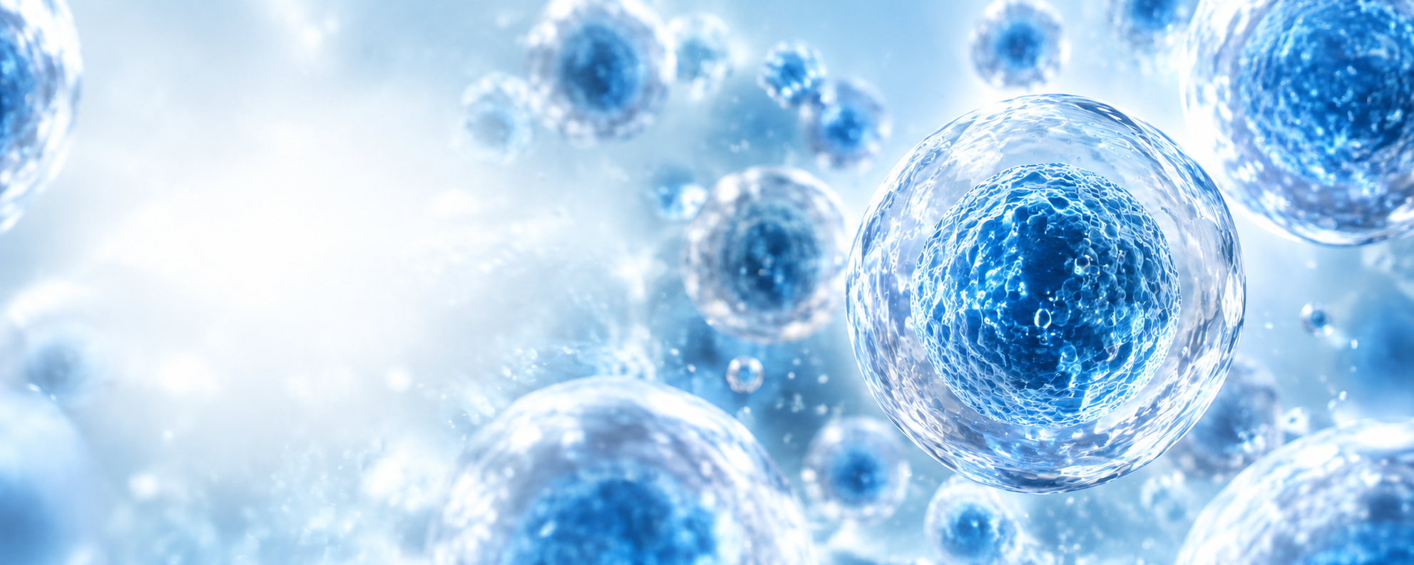 Illustration of translucent blue cells with a prominent cell on the right