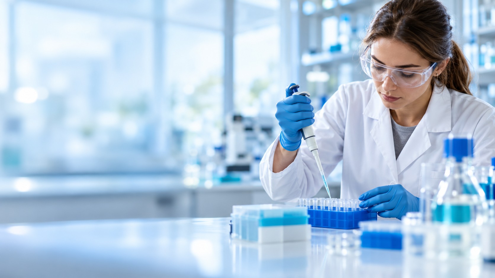 Laboratory scientist working with a pipette and sample tubes in a modern biomedical lab