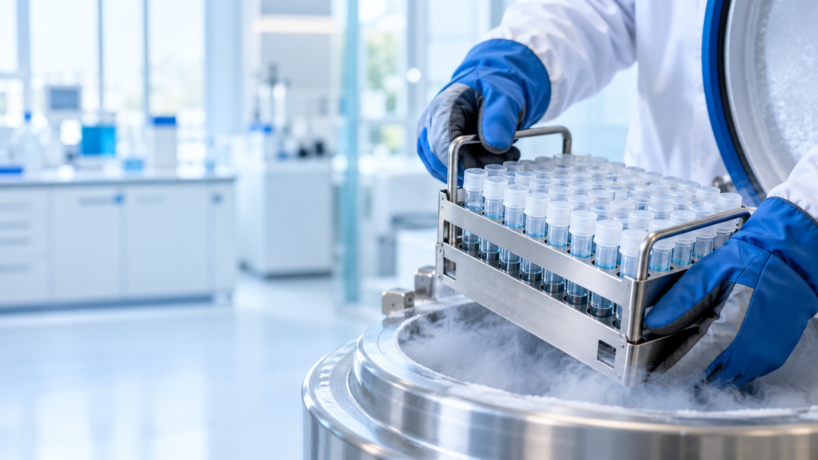 Gloved laboratory technician handling a rack of sample vials